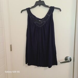 Premise Studio Women's Sleeveless Top Embellished V Neck Navy Blue
